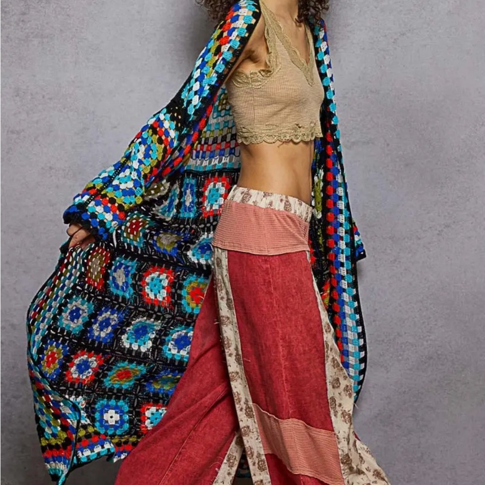 POL Multicolor Crochet Granny Square Cardigan